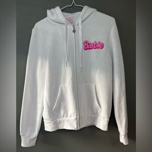 Barbie size small White Hoodie with Pink Barbie Logo, full front zip